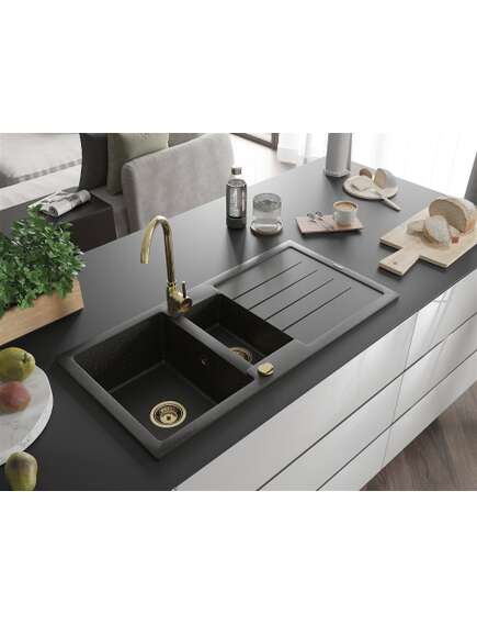 Mexen Andres zlewozmywak granitowy 1,5-komorowy z ociekaczem 1000 x 500 mm czarny/złoty metalik, syfon złoty - 6515101510-75-G, 2 image