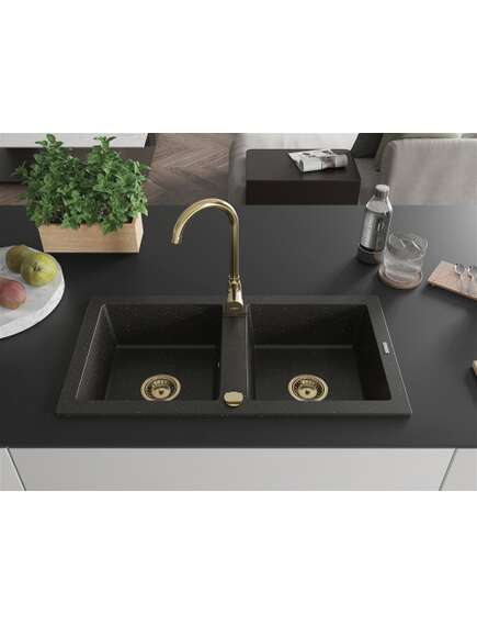 Mexen Mario zlewozmywak granitowy 2-komorowy 820 x 436 mm, czarny/złoty metalik, syfon złoty - 6504822000-75-G, изображение 3