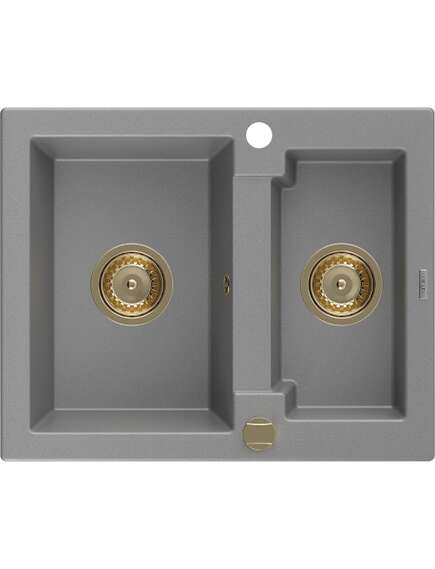 Mexen Carlos zlewozmywak granitowy 1,5-komorowy 582 x 475 mm, szary, syfon złoty - 6518581500-71-G