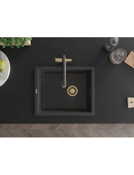 Mexen Pedro zlewozmywak granitowy 1-komorowy 560 x 460 mm, czarny nakrapiany, syfon złoty - 6508561000-76-G, изображение 4