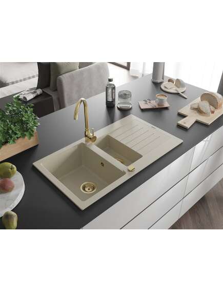 Mexen Matias zlewozmywak granitowy 1,5-komorowy z ociekaczem 900 x 505 mm, beżowy, syfon złoty - 6502901505-69-G, изображение 2