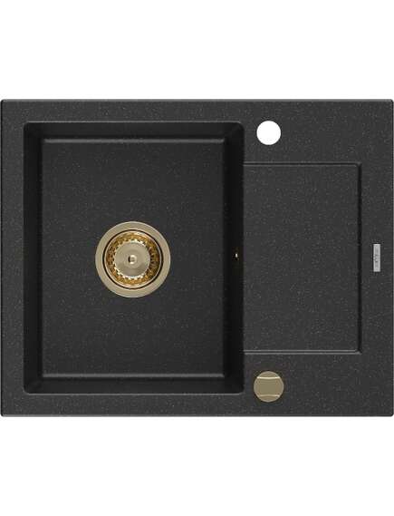 Mexen Enzo zlewozmywak granitowy 1-komorowy z ociekaczem 576 x 465 mm, czarny/srebrny metalik, syfon złoty - 6506571005-73-G