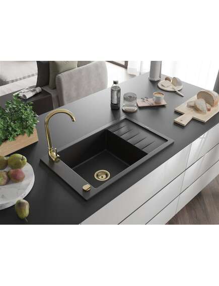 Mexen Elias zlewozmywak granitowy 1-komorowy z ociekaczem 795 x 480 mm, czarny, syfon złoty - 6511791005-77-G, 2 image