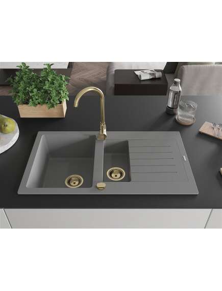 Mexen Matias zlewozmywak granitowy 1,5-komorowy ociekaczem 900 x 505 mm, szary, syfon złoty - 6502901505-71-G, 3 image