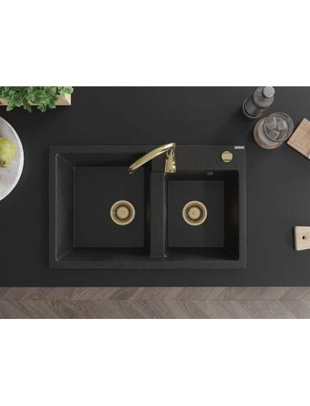 Mexen Tomas zlewozmywak granitowy 2-komorowy 800 x 500 mm, czarny/srebrny metalik, syfon złoty - 6516802000-73-G, 4 image