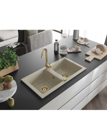 Mexen Mario zlewozmywak granitowy 2-komorowy 820 x 436 mm, beżowy, syfon złoty - 6504822000-69-G, изображение 2
