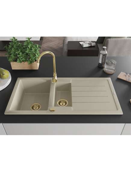 Mexen Andres zlewozmywak granitowy 1,5-komorowy z ociekaczem 1000 x 500 mm, beżowy, syfon złoty - 6515101510-69-G, изображение 3