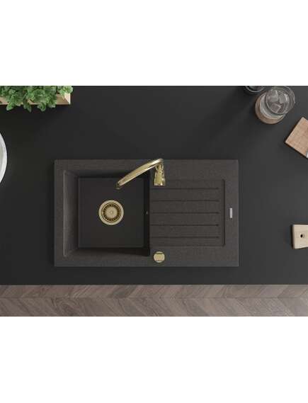 Mexen Pablo zlewozmywak granitowy 1-komorowy z ociekaczem 752 x 436 mm, czarny nakrapiany, syfon złoty - 6510751010-76-G, изображение 4