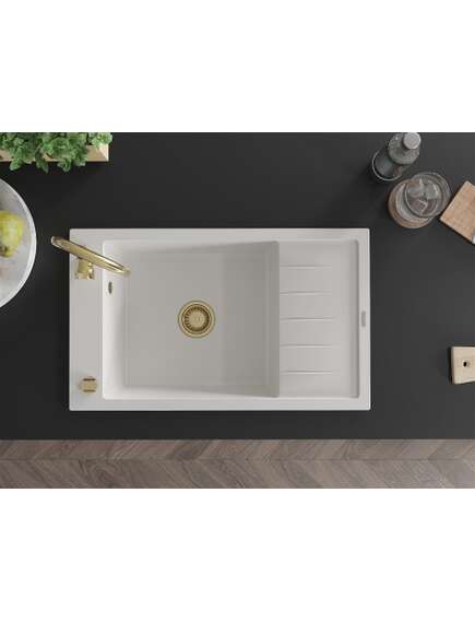Mexen Elias zlewozmywak granitowy 1-komorowy z ociekaczem 795 x 480 mm, biały, syfon złoty - 6511791005-20-G, изображение 4