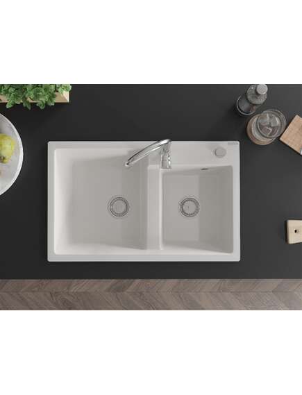 Mexen Tomas zlewozmywak granitowy 2-komorowy 800 x 500 mm, biały, syfon chrom - 6516802000-20, изображение 4