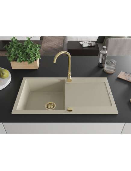 Mexen Leo zlewozmywak granitowy 1-komorowy z ociekaczem 900 x 500 mm, beżowy, syfon złoty - 6501901010-69-G, изображение 3