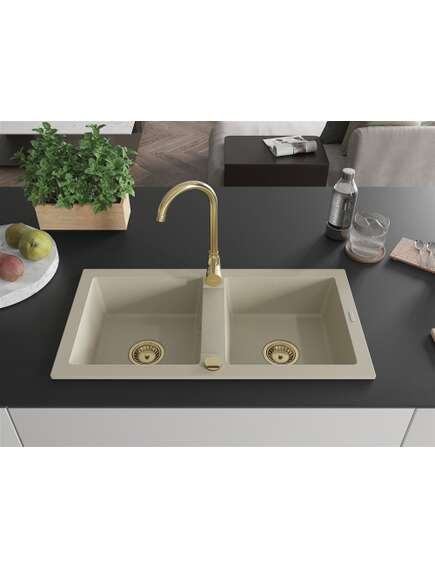 Mexen Mario zlewozmywak granitowy 2-komorowy 820 x 436 mm, beżowy, syfon złoty - 6504822000-69-G, изображение 3
