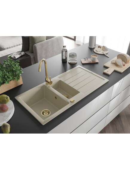 Mexen Andres zlewozmywak granitowy 1,5-komorowy z ociekaczem 1000 x 500 mm, beżowy, syfon złoty - 6515101510-69-G, изображение 2