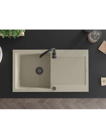 Mexen Leo zlewozmywak granitowy 1-komorowy z ociekaczem 900 x 500 mm, beżowy, syfon czarny - 6501901010-69-B, изображение 4