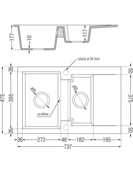 Mexen Gaspar zlewozmywak granitowy 1,5-komorowy z ociekaczem 737 x 475 mm, czarny/srebrny metalik, syfon złoty - 6507731505-73-G, 5 image