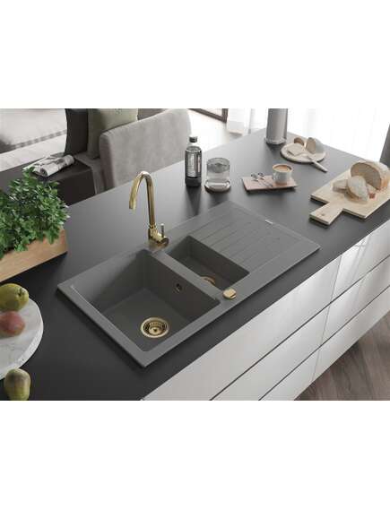 Mexen Matias zlewozmywak granitowy 1,5-komorowy ociekaczem 900 x 505 mm, szary, syfon złoty - 6502901505-71-G, 2 image