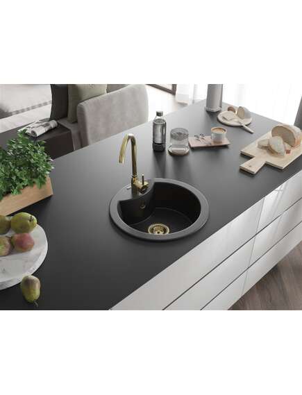 Mexen Diego zlewozmywak granitowy 1-komorowy 488 x 480 mm, czarny/srebrny metalik, syfon złoty - 6512481000-73-G, 2 image