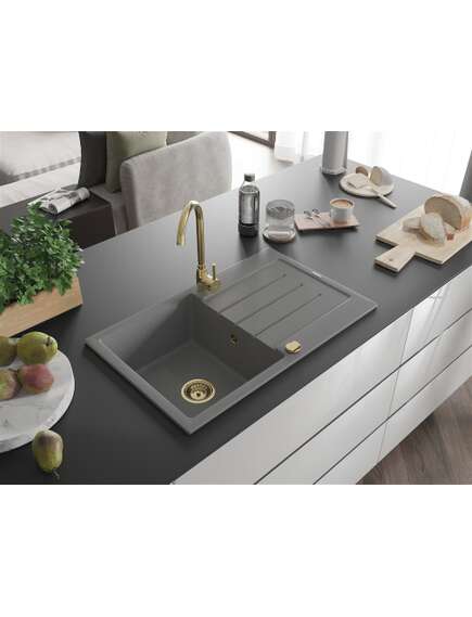 Mexen Bruno zlewozmywak granitowy 1-komorowy z ociekaczem 795 x 495 mm, szary, syfon złoty - 6513791010-71-G, изображение 2