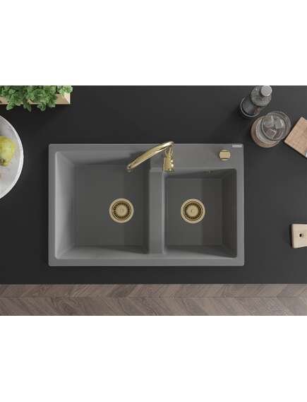 Mexen Tomas zlewozmywak granitowy 2-komorowy 800 x 500 mm, szary, syfon złoty - 6516802000-71-G, изображение 4