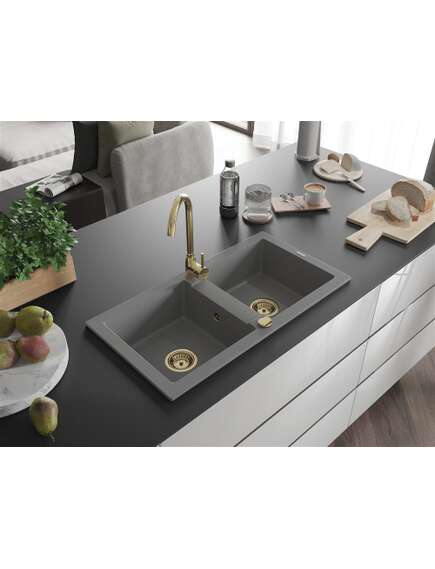 Mexen Mario zlewozmywak granitowy 2-komorowy 820 x 436 mm, szary, syfon złoty - 6504822000-71-G, 2 image