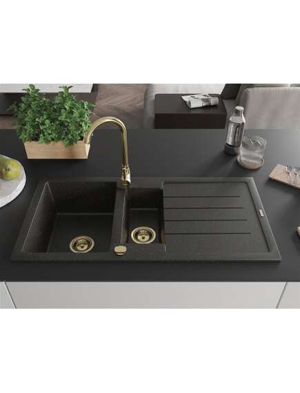 Mexen Andres zlewozmywak granitowy 1,5-komorowy z ociekaczem 1000 x 500 mm czarny/złoty metalik, syfon złoty - 6515101510-75-G, 3 image