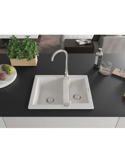 Mexen Carlos zlewozmywak granitowy 1,5-komorowy 582 x 475 mm, biały, syfon chrom - 6518581500-20, изображение 3