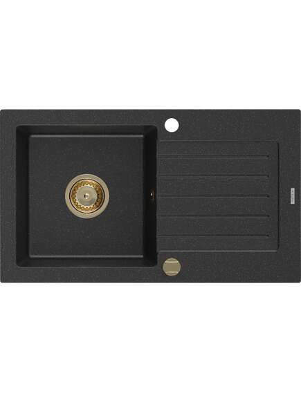 Mexen Pablo zlewozmywak granitowy 1-komorowy z ociekaczem 752 x 436 mm, czarny/srebrny metalik, syfon złoty - 6510751010-73-G