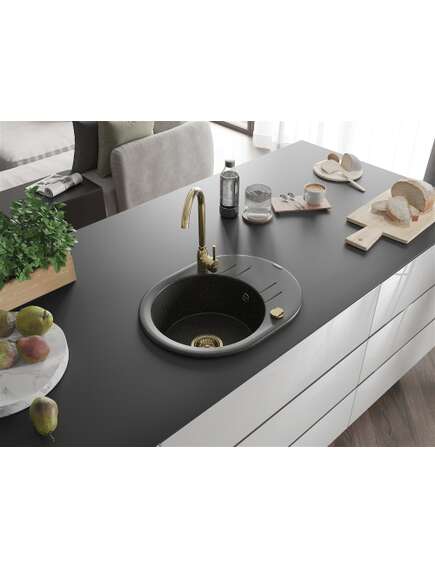 Mexen Kevin zlewozmywak granitowy 1-komorowy z ociekaczem 586 x 458 mm, czarny/złoty metalik, syfon złoty - 6517581005-75-G, изображение 2