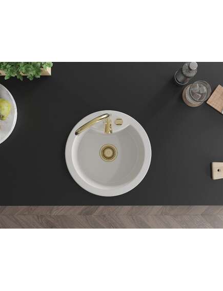 Mexen Diego zlewozmywak granitowy 1-komorowy 488 x 480 mm, biały, syfon złoty - 6512481000-20-G, изображение 4