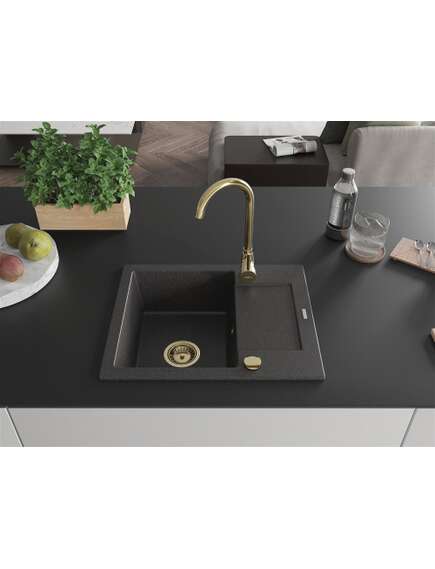 Mexen Enzo zlewozmywak granitowy 1-komorowy z ociekaczem 576 x 465 mm, czarny nakrapiany, syfon złoty - 6506571005-76-G, 3 image