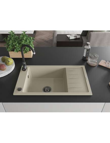 Mexen Elias zlewozmywak granitowy 1-komorowy z ociekaczem 795 x 480 mm, beżowy, syfon czarny - 6511791005-69-B, изображение 3