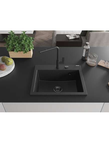 Mexen Oscar zlewozmywak granitowy 1-komorowy 580 x 490 mm, czarny/srebrny metalik, syfon czarny - 6519581000-73-B, 3 image