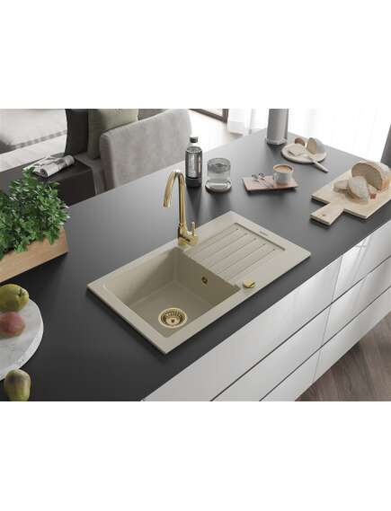 Mexen Pablo zlewozmywak granitowy 1-komorowy z ociekaczem 752 x 436 mm, beżowy, syfon złoty - 6510751010-69-G, изображение 2