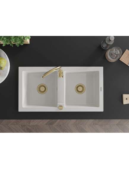 Mexen Mario zlewozmywak granitowy 2-komorowy 820 x 436 mm, biały, syfon złoty - 6504822000-20-G, изображение 4