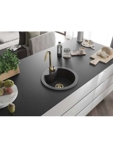 Mexen Diego zlewozmywak granitowy 1-komorowy 488 x 480 mm,  czarny nakrapiany, syfon złoty - 6512481000-76-G, изображение 2