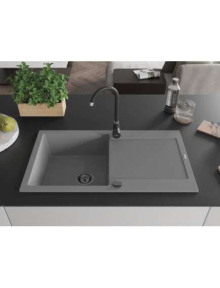 Mexen Leo zlewozmywak granitowy 1-komorowy z ociekaczem 900 x 500 mm, szary, syfon czarny - 6501901010-71-B, изображение 3