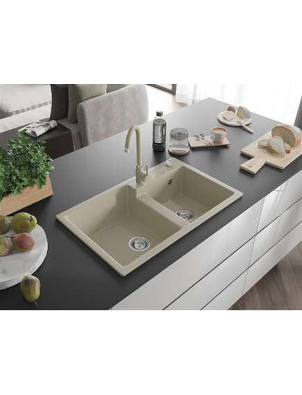 Mexen Tomas zlewozmywak granitowy 2-komorowy 800 x 500 mm, beżowy, syfon chrom - 6516802000-69, изображение 2
