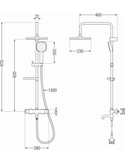 Mexen KX33 zestaw wannowo-prysznicowy z deszczownicą i baterią termostatyczną, czarny - 779003391-70, 2 image