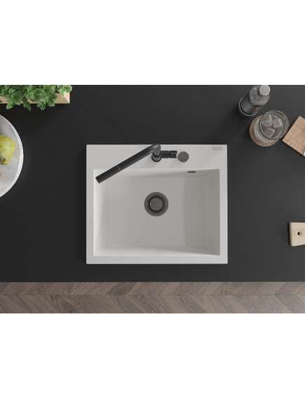 Mexen Oscar zlewozmywak granitowy 1-komorowy 580 x 490 mm, biały, syfon czarny - 6519581000-20-B, изображение 4