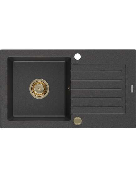 Mexen Pablo zlewozmywak granitowy 1-komorowy z ociekaczem 752 x 436 mm, czarny nakrapiany, syfon złoty - 6510751010-76-G