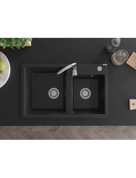 Mexen Tomas zlewozmywak granitowy 2-komorowy 800 x 500 mm, czarny, syfon chrom - 6516802000-77, изображение 4