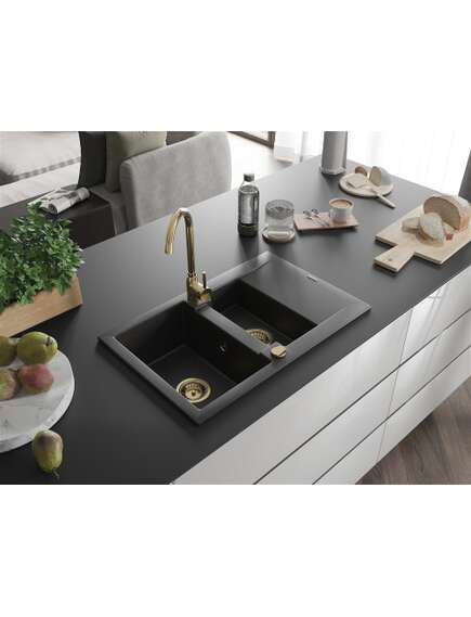 Mexen Gaspar zlewozmywak granitowy 1,5-komorowy z ociekaczem 737 x 475 mm, czarny/srebrny metalik, syfon złoty - 6507731505-73-G, 2 image