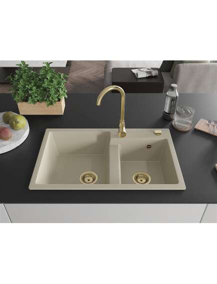 Mexen Tomas zlewozmywak granitowy 2-komorowy 800 x 500 mm, beżowy, syfon złoty - 6516802000-69-G, изображение 3