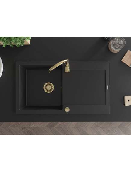 Mexen Leo zlewozmywak granitowy 1-komorowy z ociekaczem 900 x 500 mm, czarny, syfon złoty - 6501901010-77-G, изображение 4