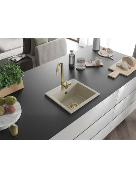 Mexen Milo zlewozmywak granitowy 1-komorowy 435 x 410 mm, beżowy, syfon złoty - 6505441000-69-G, изображение 2