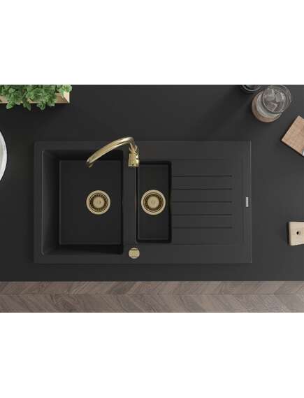 Mexen Matias zlewozmywak granitowy 1,5-komorowy z ociekaczem 900 x 505 mm, czarny, syfon złoty - 6502901505-77-G, изображение 4