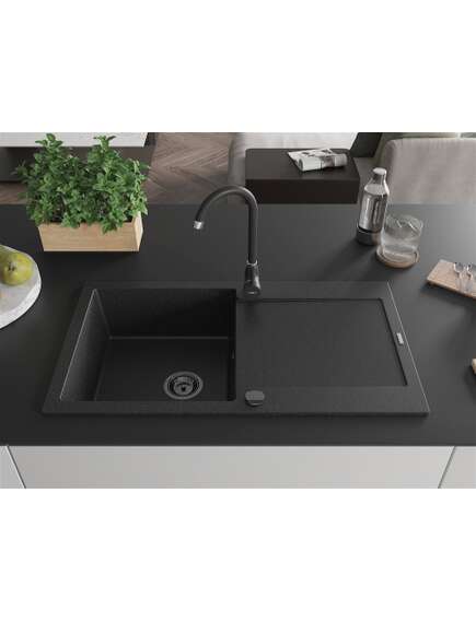 Mexen Leo zlewozmywak granitowy 1-komorowy z ociekaczem 900 x 500 mm, czarny/srebrny metalik, syfon czarny - 6501901010-73-B, изображение 3