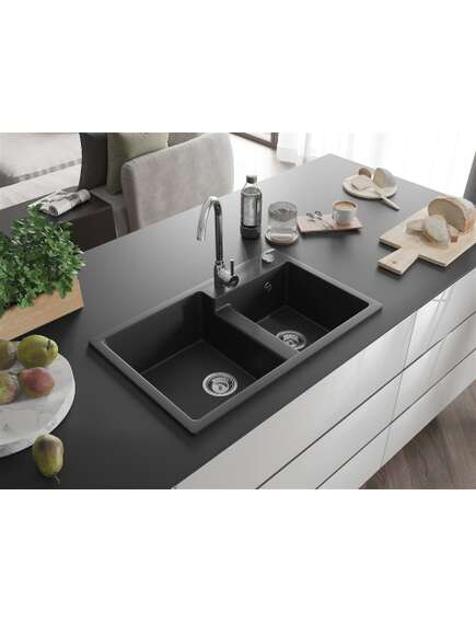 Mexen Tomas zlewozmywak granitowy 2-komorowy 800 x 500 mm, czarny, syfon chrom - 6516802000-77, изображение 2