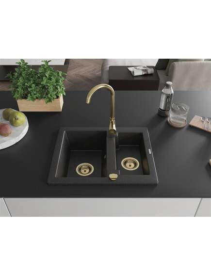 Mexen Carlos zlewozmywak granitowy 1,5-komorowy 582 x 475 mm, czarny/srebrny metalik, syfon złoty - 6518581500-73-G, изображение 3