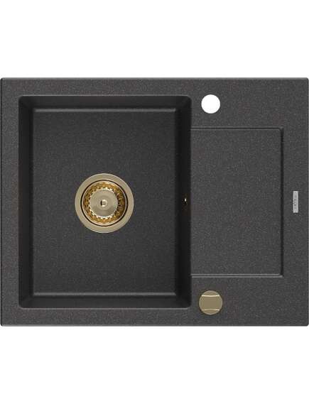 Mexen Enzo zlewozmywak granitowy 1-komorowy z ociekaczem 576 x 465 mm, czarny nakrapiany, syfon złoty - 6506571005-76-G